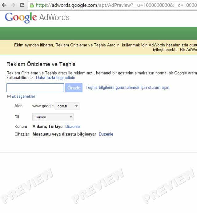 Google Ads Reklam Önizleme Teşhis Aracı 
