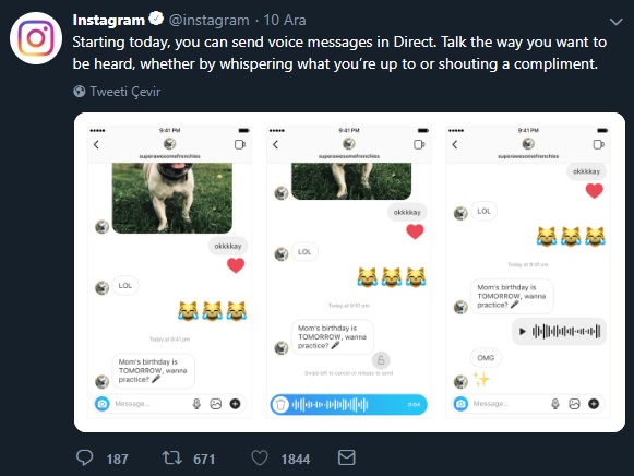 Instagram Sesli Mesaj Özelliği Güncellemesini Duyurdu